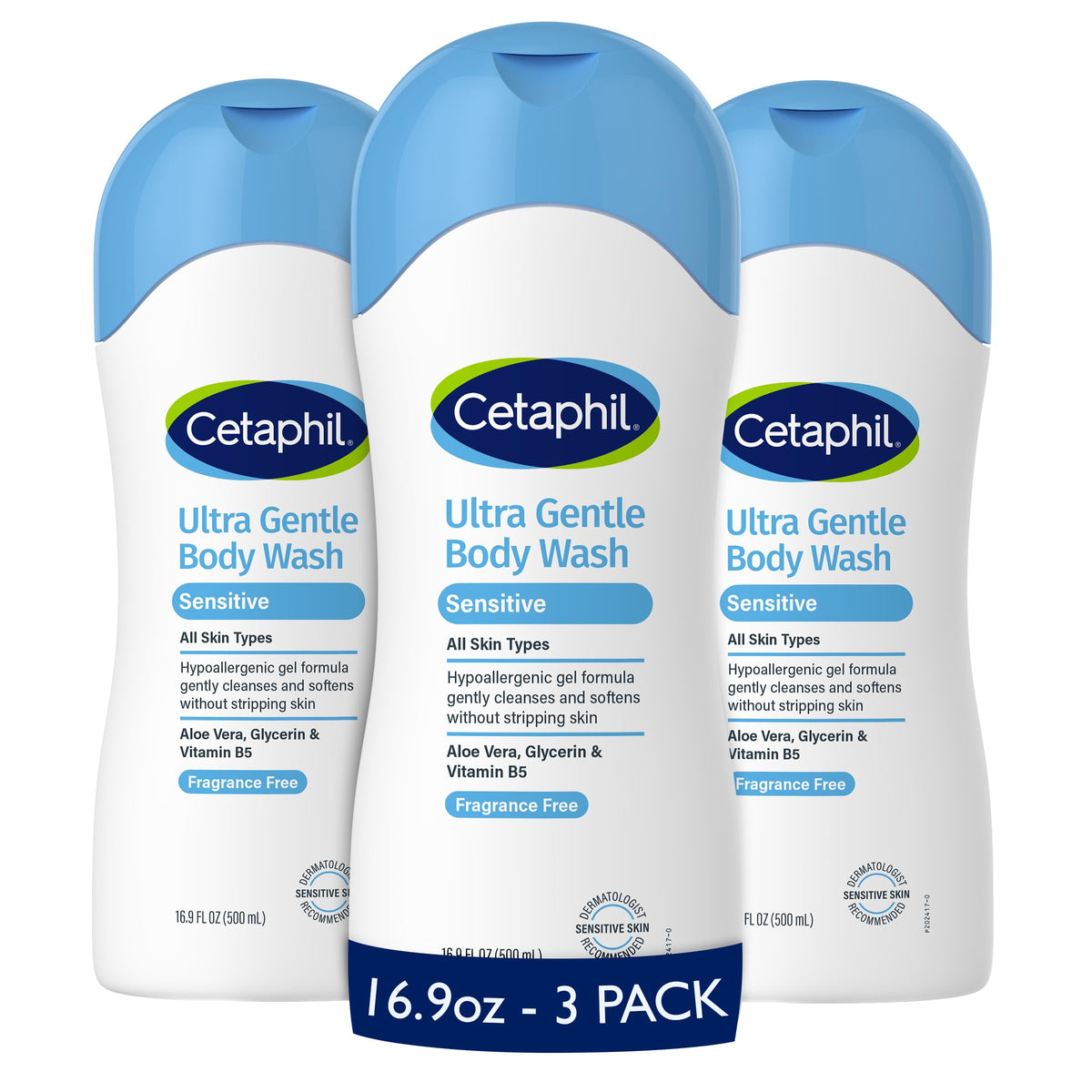 Cetaphil Ultra Gentle Body Wash 3-pack bottle on shelf for sensitive skin daily cleansing