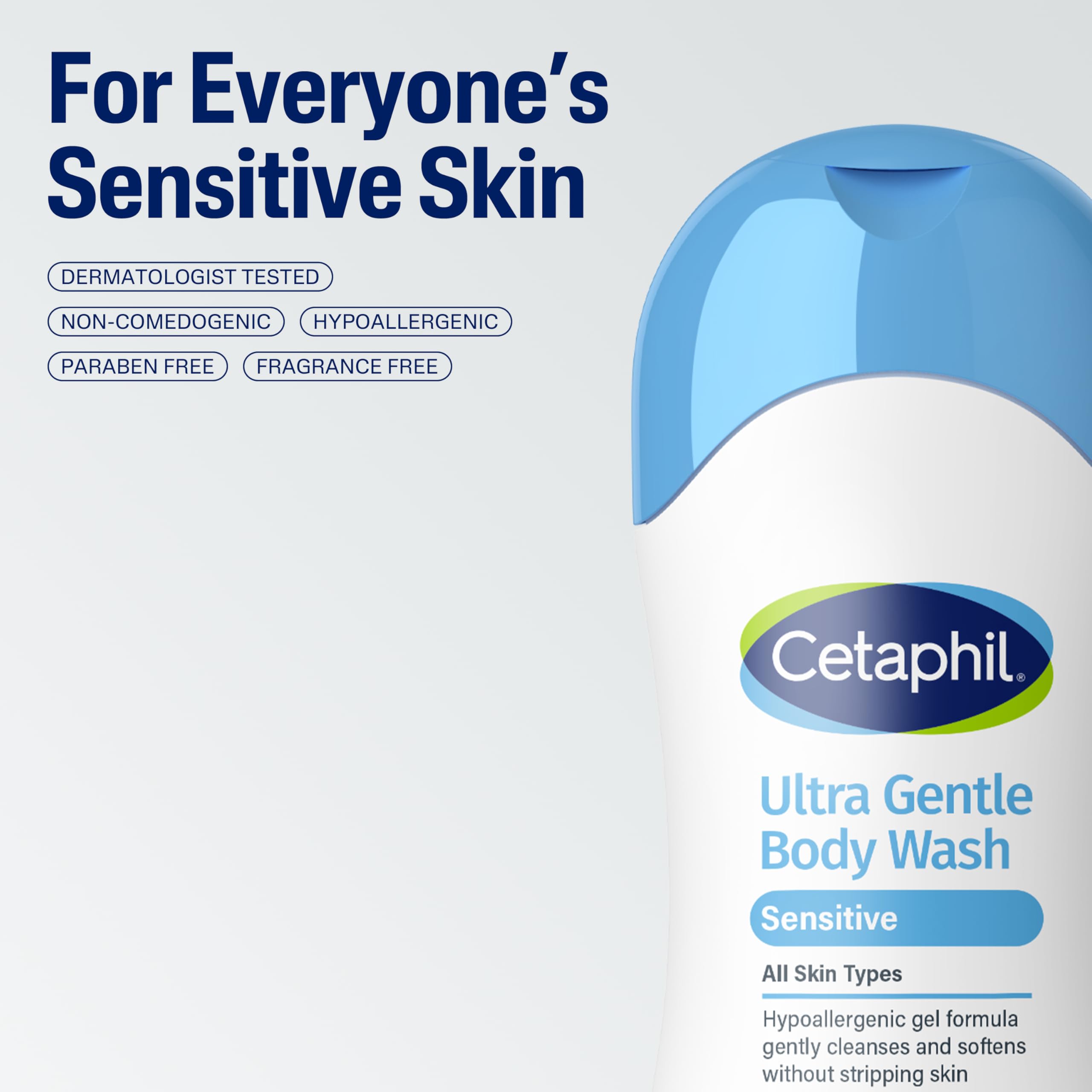 Cetaphil Ultra Gentle Body Wash fragrance-free label, ideal for fragrance sensitive users