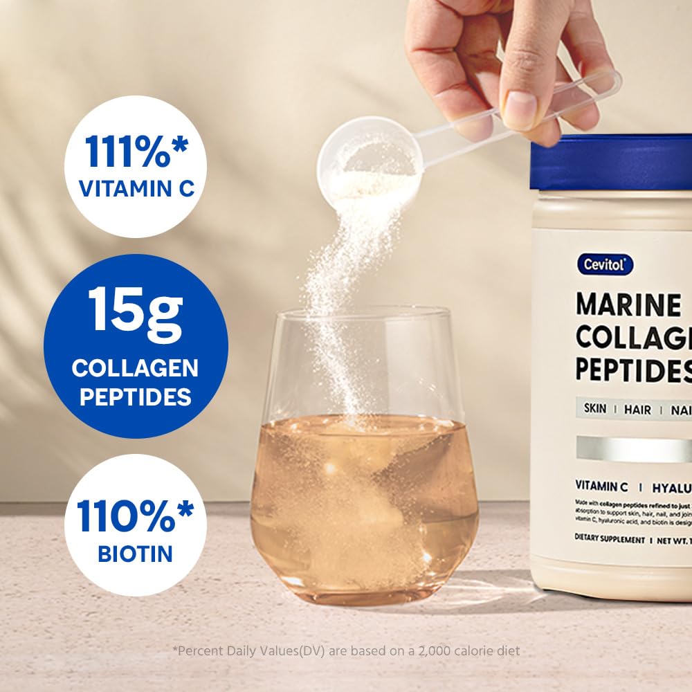 Cevitol Marine Collagen packaging shows unflavored, non-GMO formula.