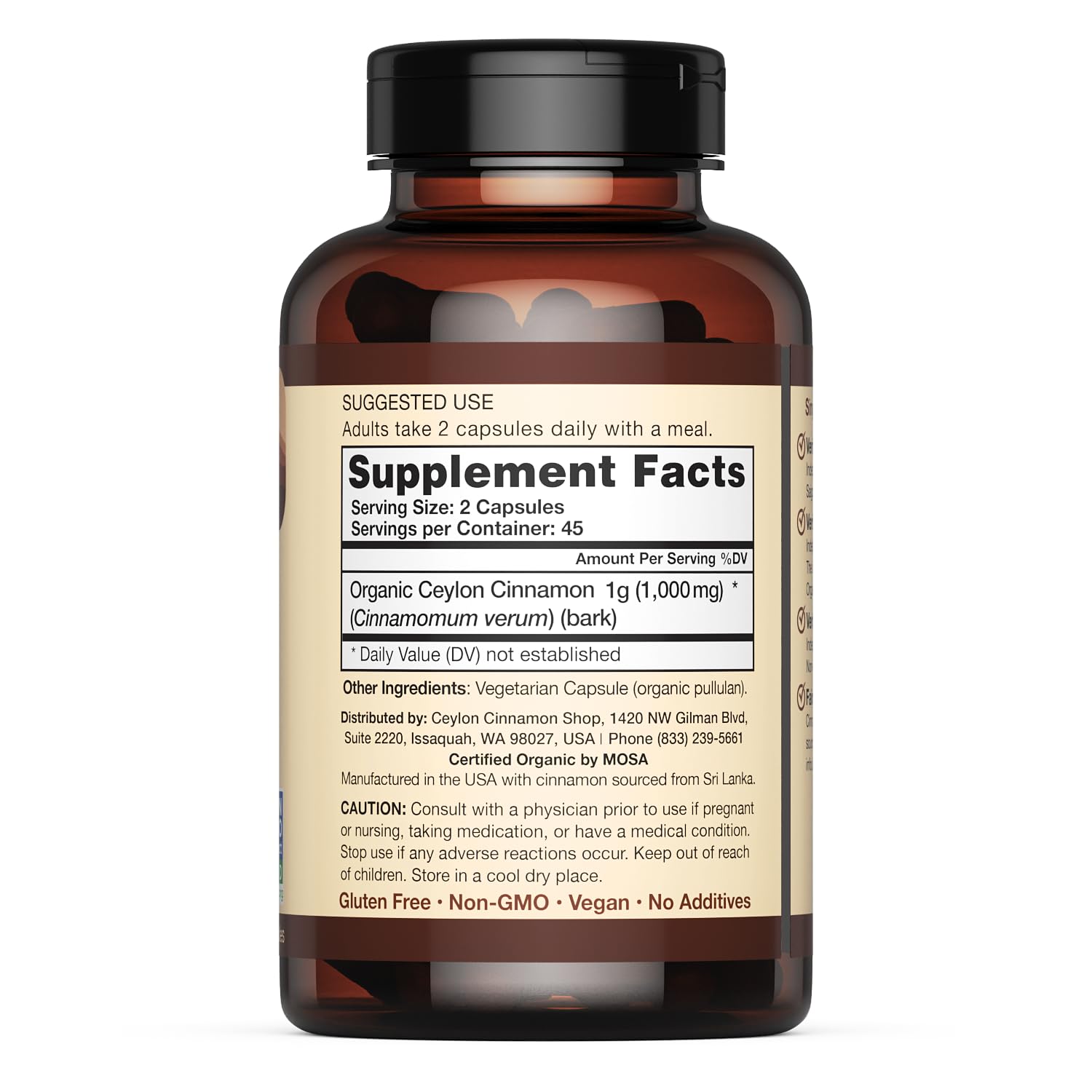 Ceylon Cinnamon Shop non-GMO label highlights naturally grown, unmodified cinnamon.