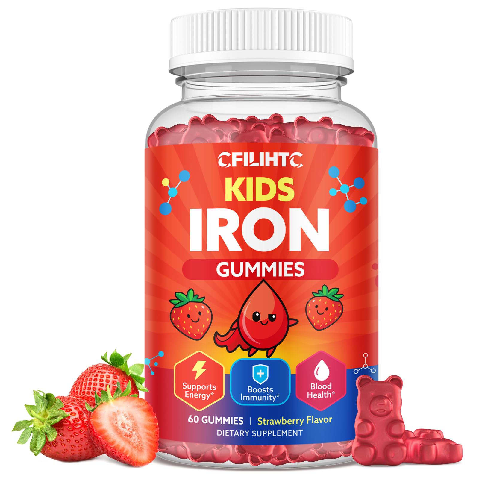CFILIHTC iron gummies bottle with strawberry flavor supports daily energy for kids.