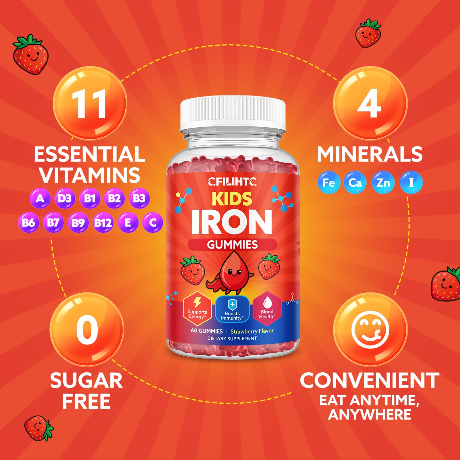 CFILIHTC iron gummy bottle communicates vegan and non-GMO benefits.