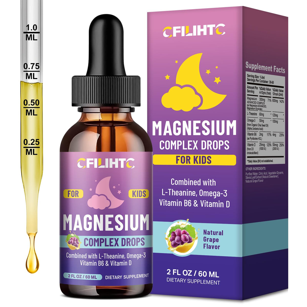 CFILIHTC Kids Magnesium Liquid Drops bottle for easy, kid-friendly dosing