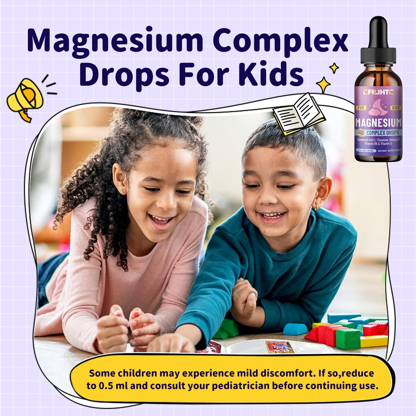 CFILIHTC Kids Magnesium Liquid Drops dropper showing precise 2 ml dosing