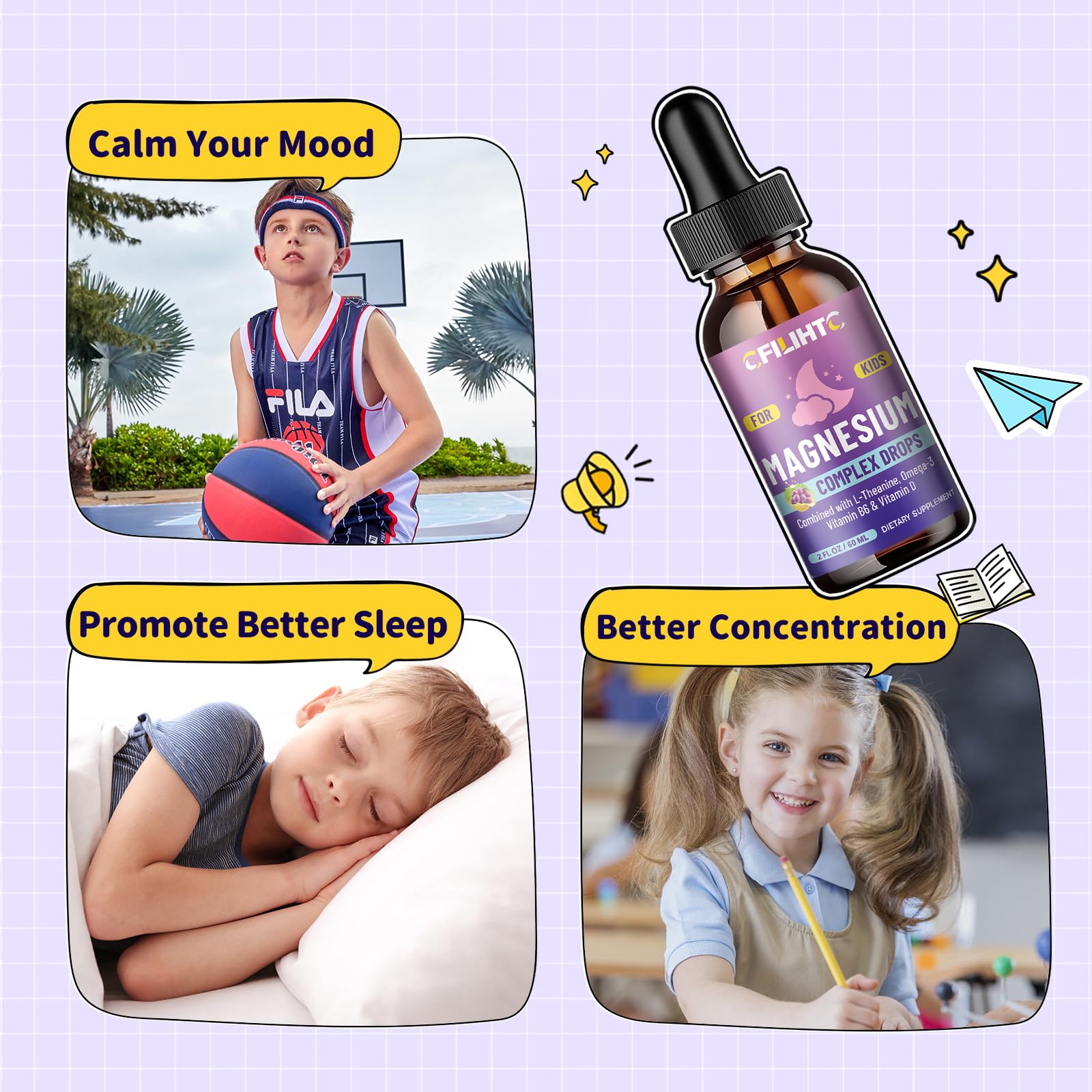 CFILIHTC Kids Magnesium Liquid Drops ingredients panel with magnesium glycinate and omega-3