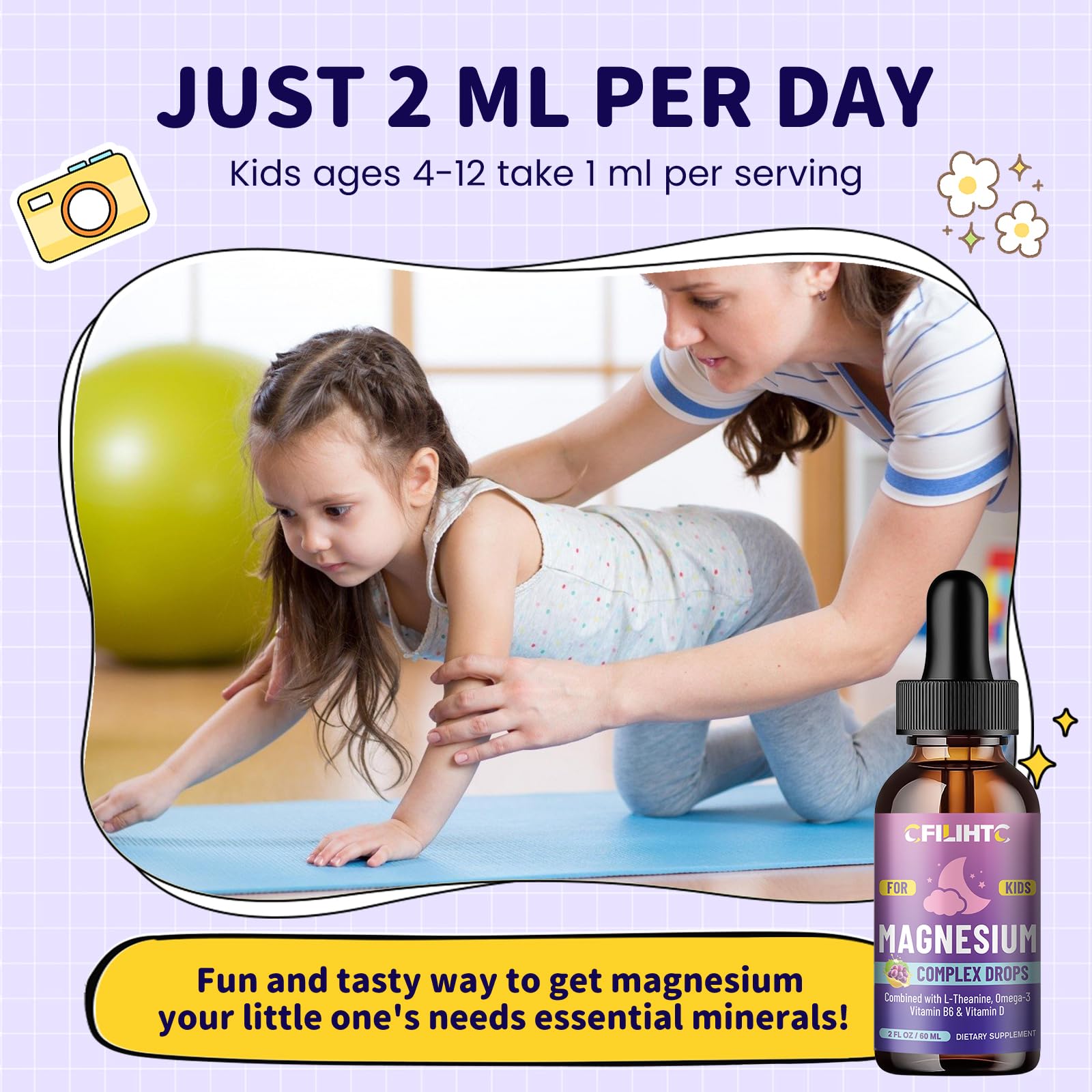 CFILIHTC Kids Magnesium Liquid Drops omega-3 bottle emphasizing brain support
