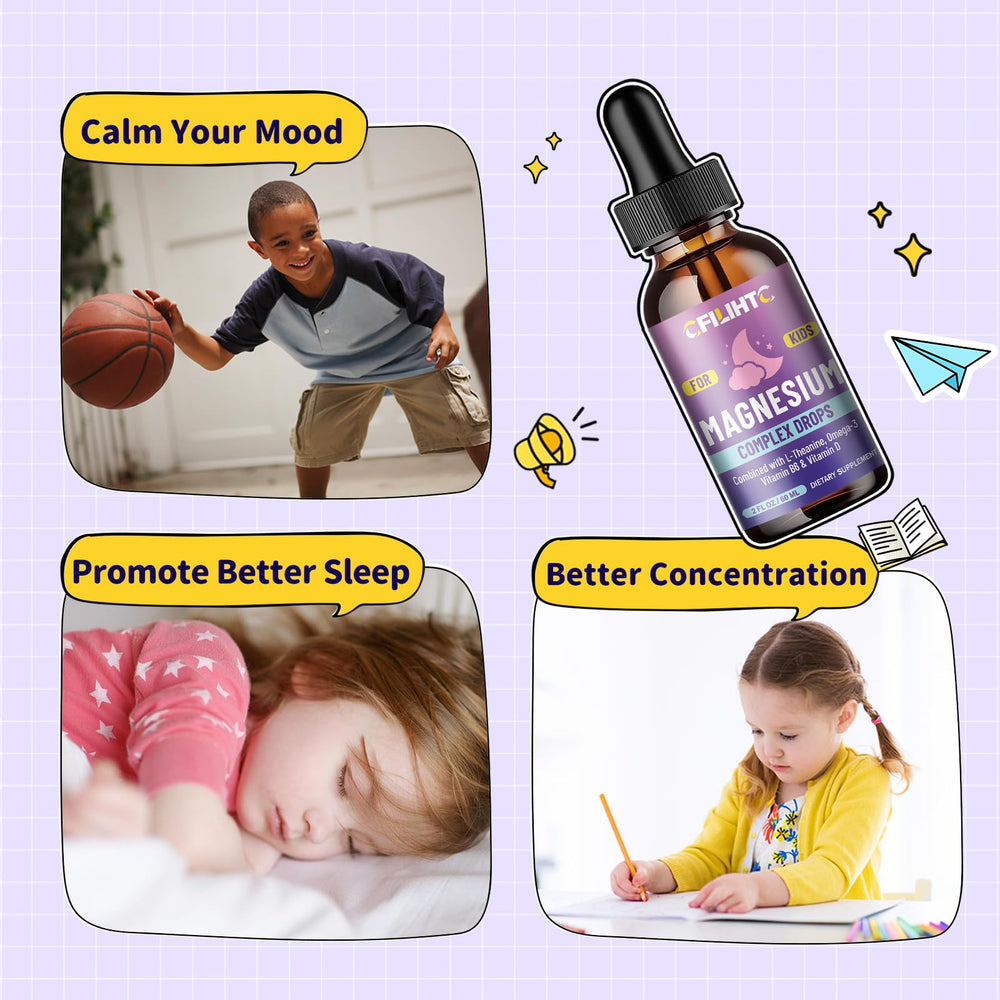 A child adds drops to a drink for a calm evening routine.