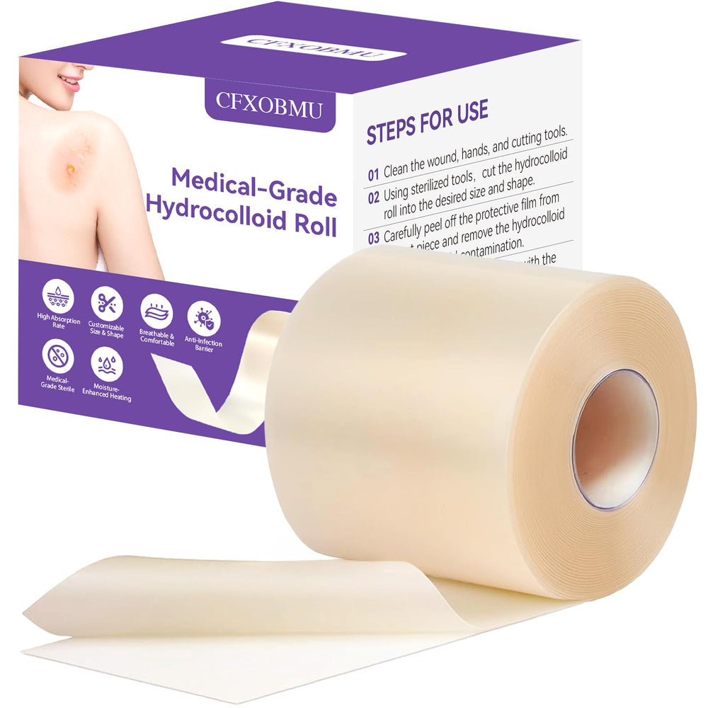 CFXOBMU hydrocolloid roll bulk pack shows flexible sizing for wound protection.