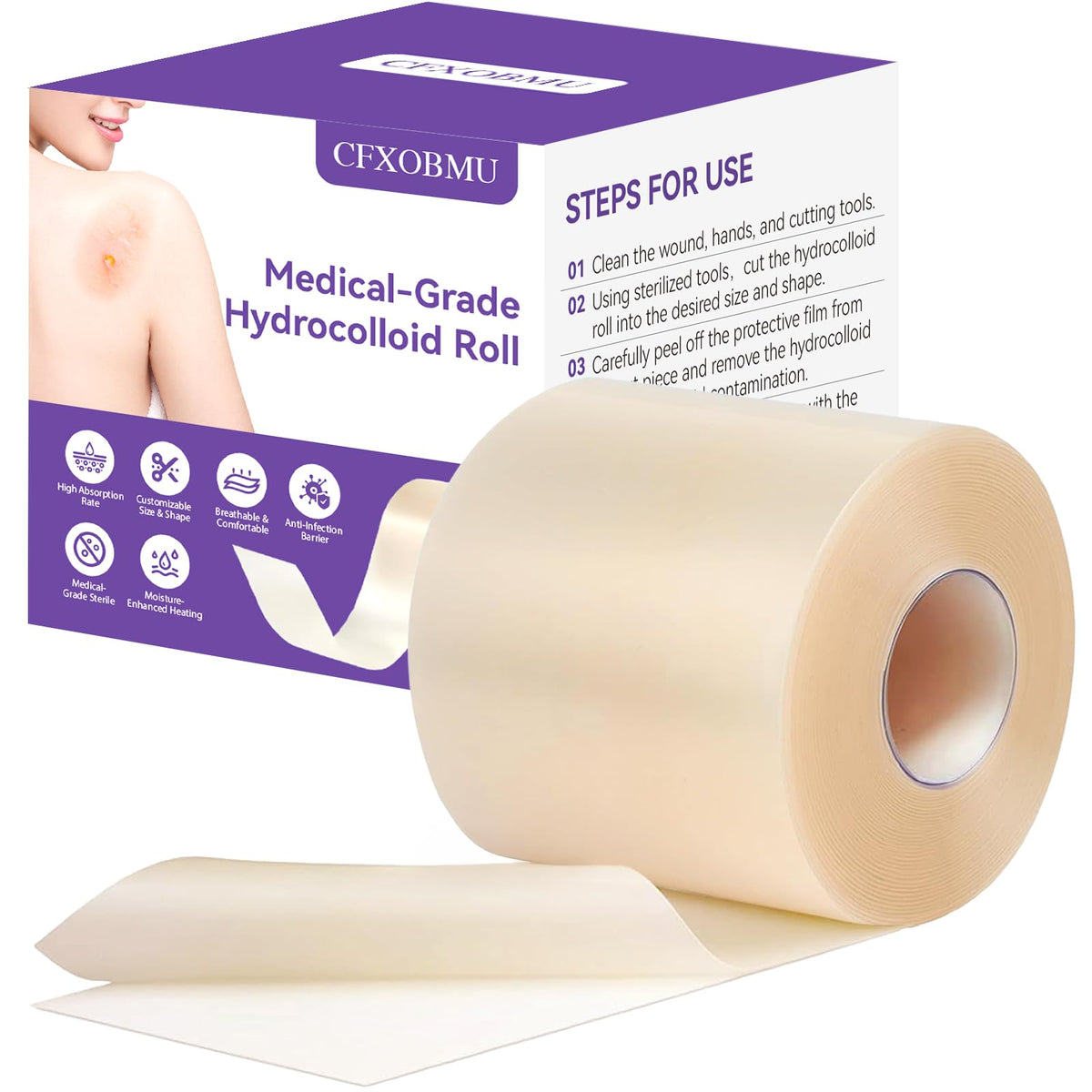 CFXOBMU hydrocolloid roll bulk pack shows flexible sizing for wound protection.