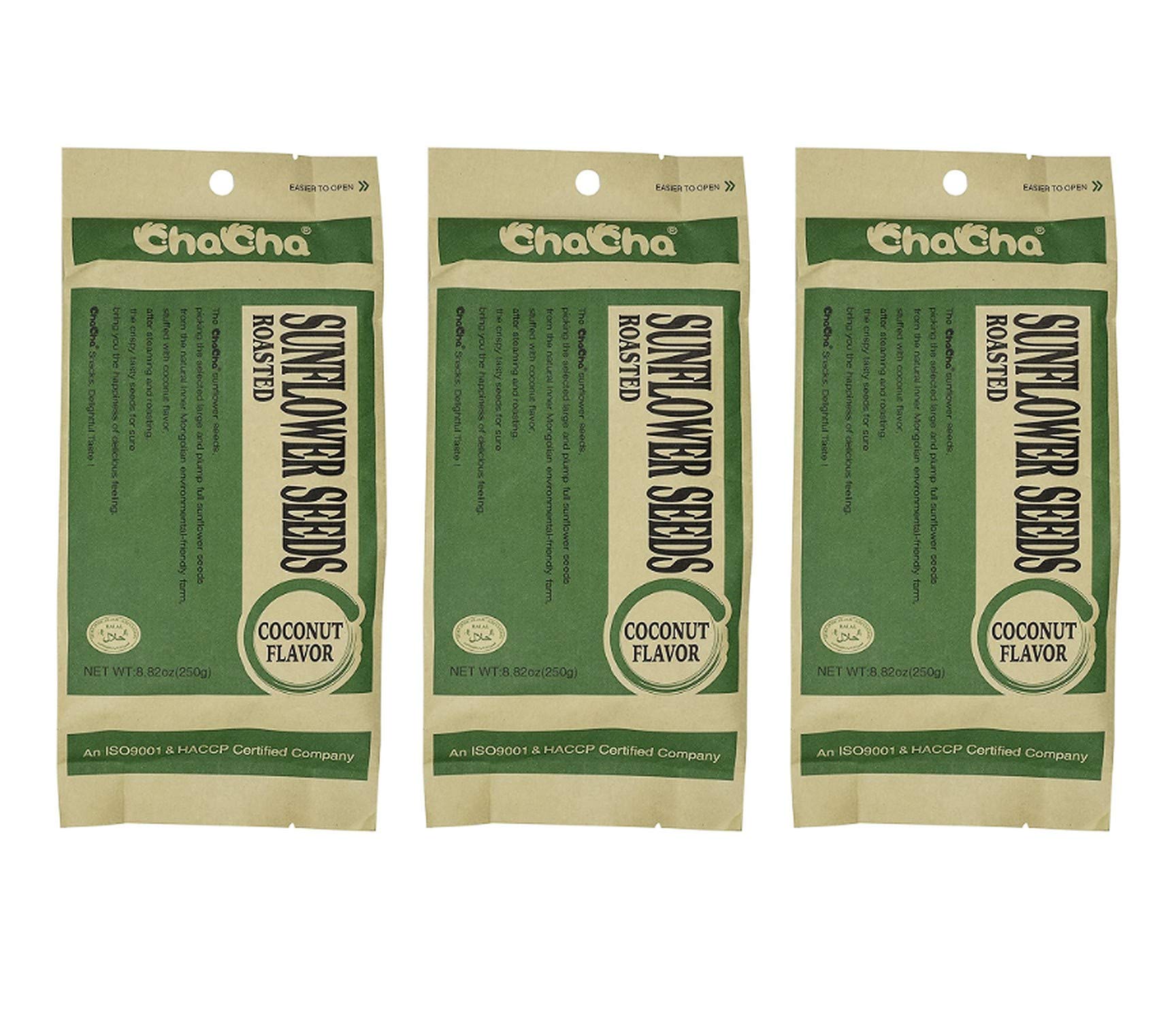 ChaCha coconut-flavored roasted sunflower seeds in pack, ideal on-the-go snack with tropical notes.