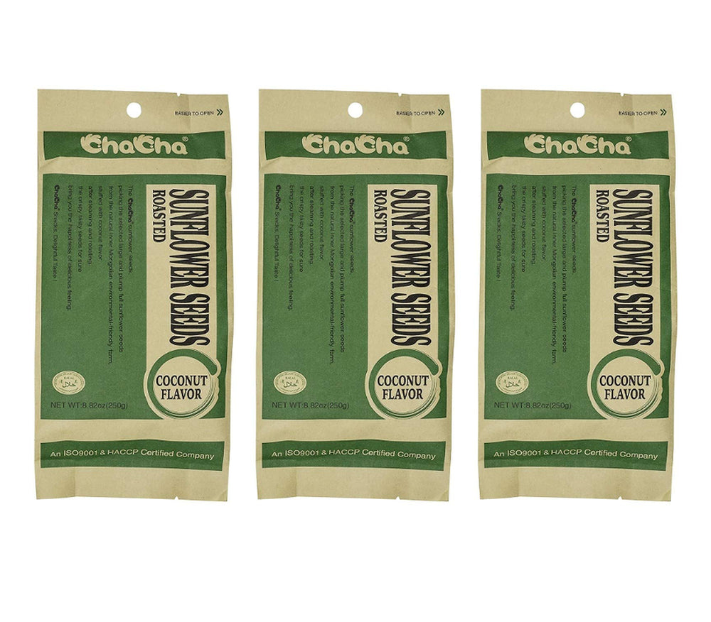 ChaCha coconut-flavored roasted sunflower seeds in pack, ideal on-the-go snack with tropical notes.