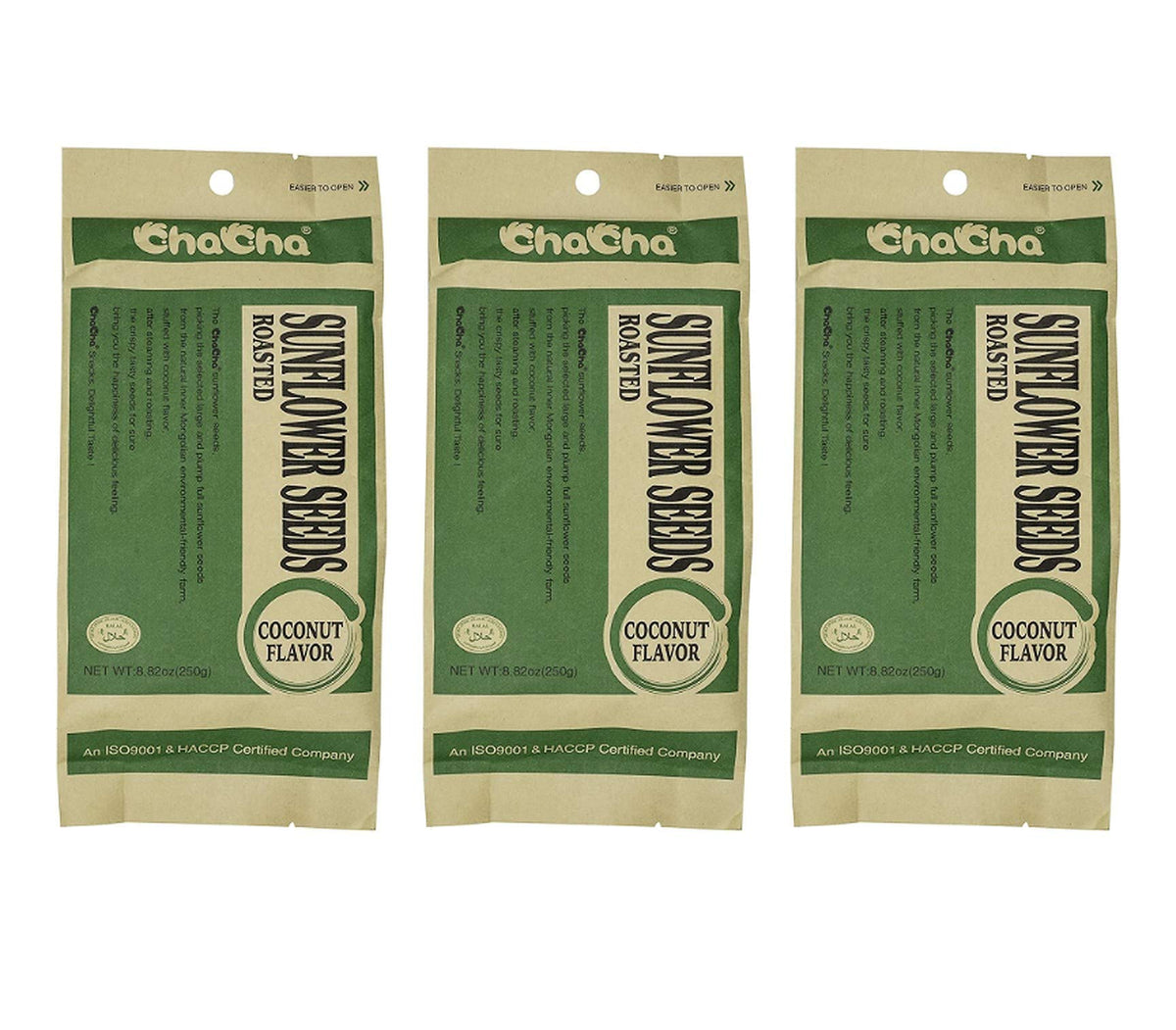 ChaCha coconut-flavored roasted sunflower seeds in pack, ideal on-the-go snack with tropical notes.