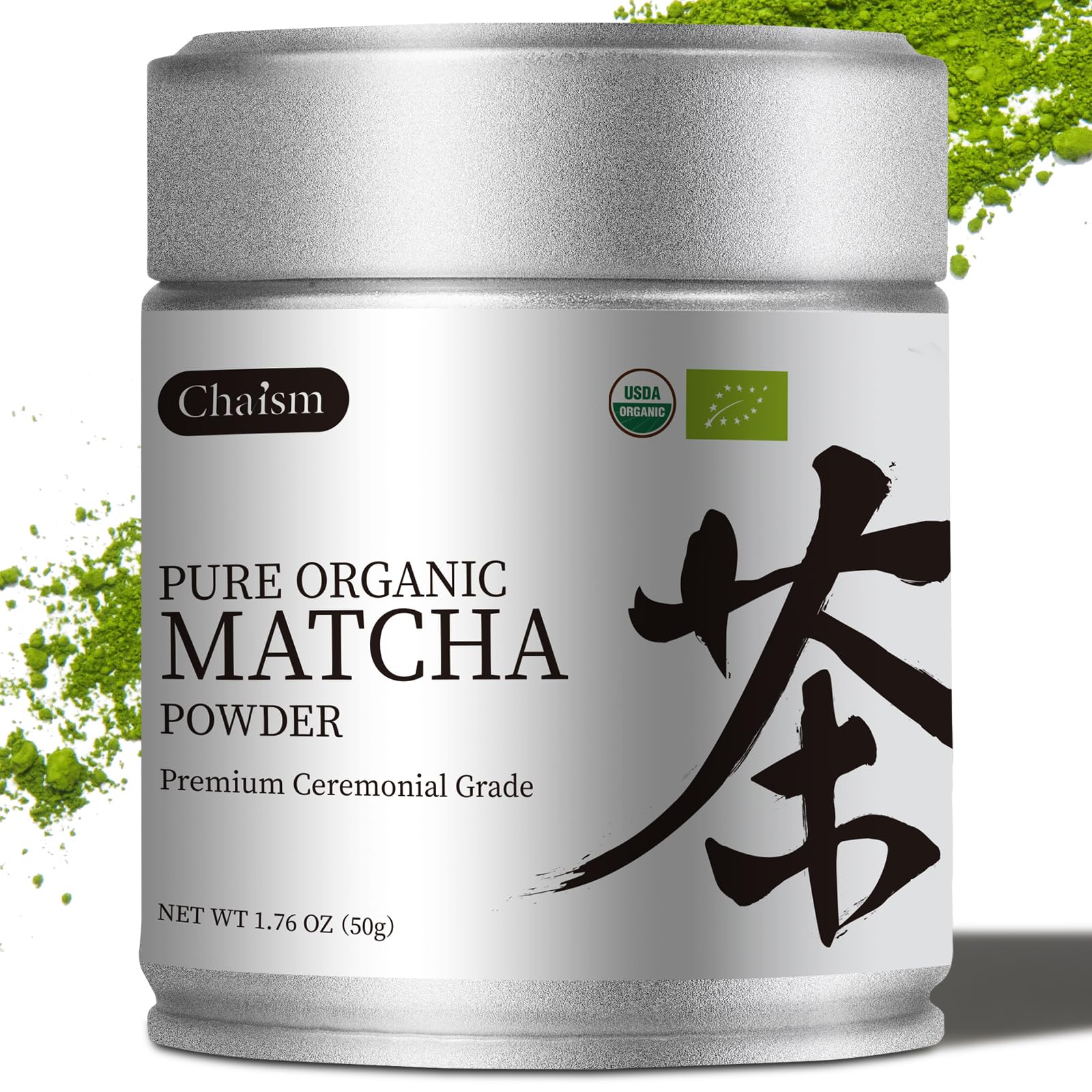 Chaism ceremonial-grade matcha tin close-up showing premium packaging.