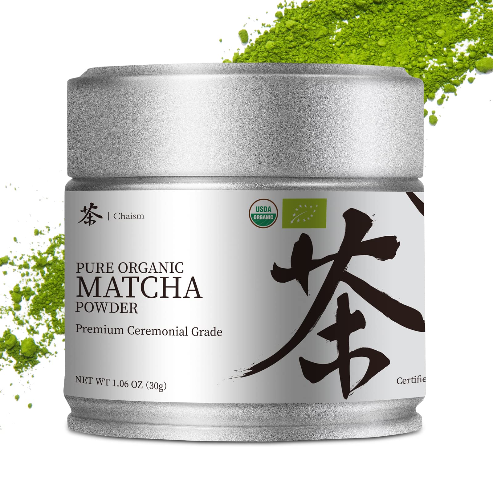 Chaism ceremonial-grade matcha tin with ring-pull seal preserves freshness.