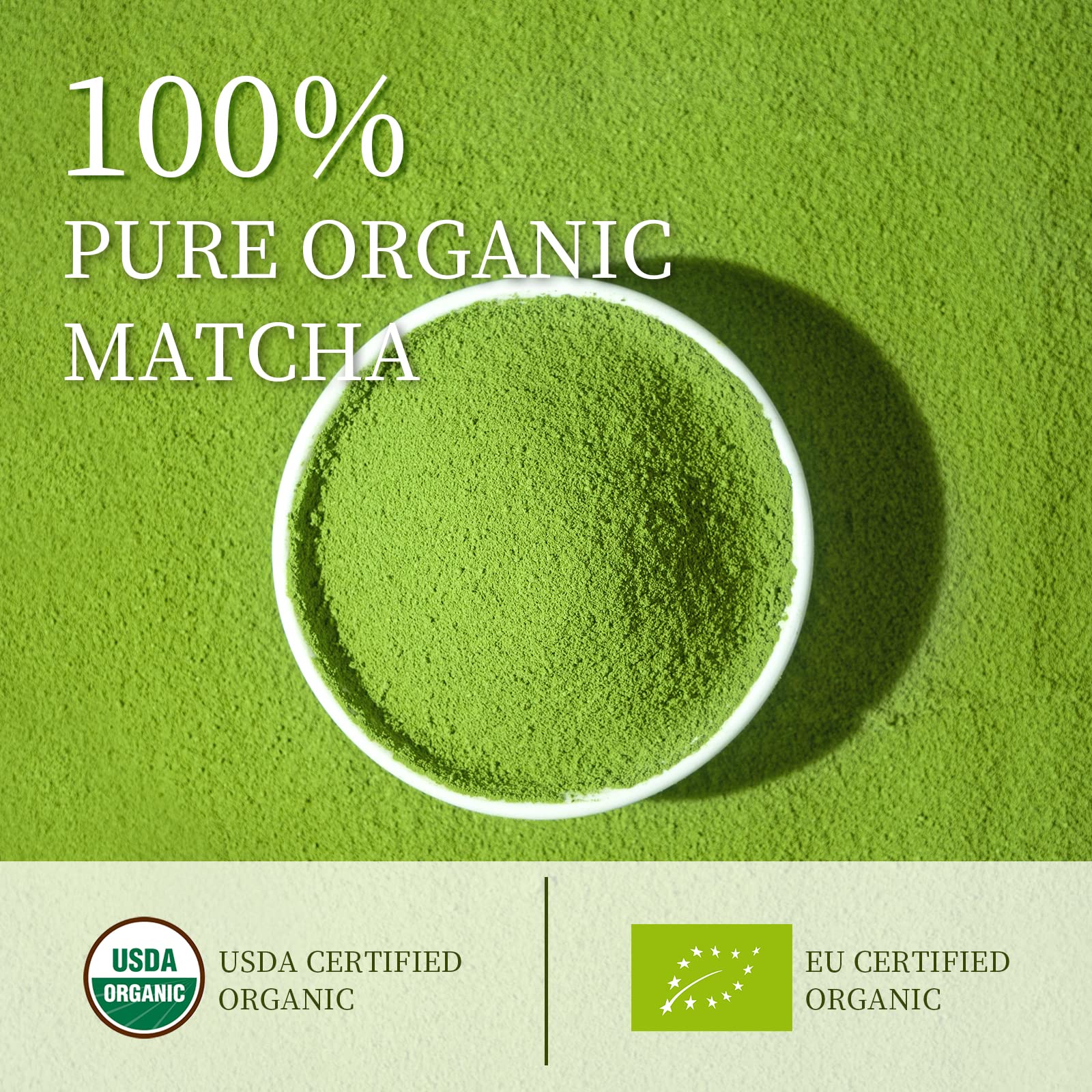 Chaism finely ground matcha powder with vibrant green color.