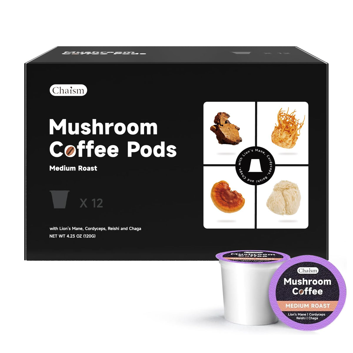 Chaism Mushroom Coffee Pods packaging shows Arabic blend for energy and convenience.