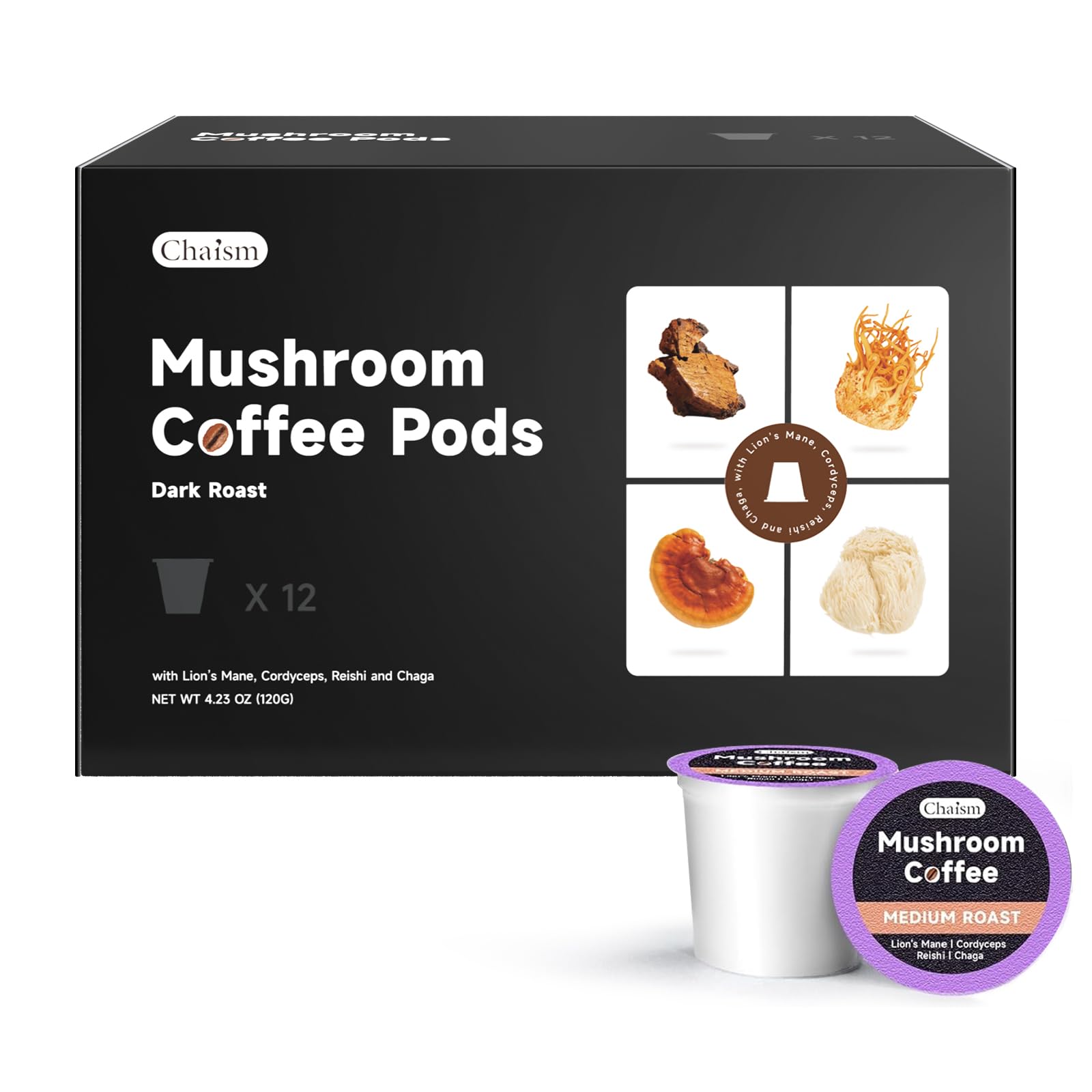 Chaism mushroom coffee pods in dark roast packaging deliver bold, focused energy.