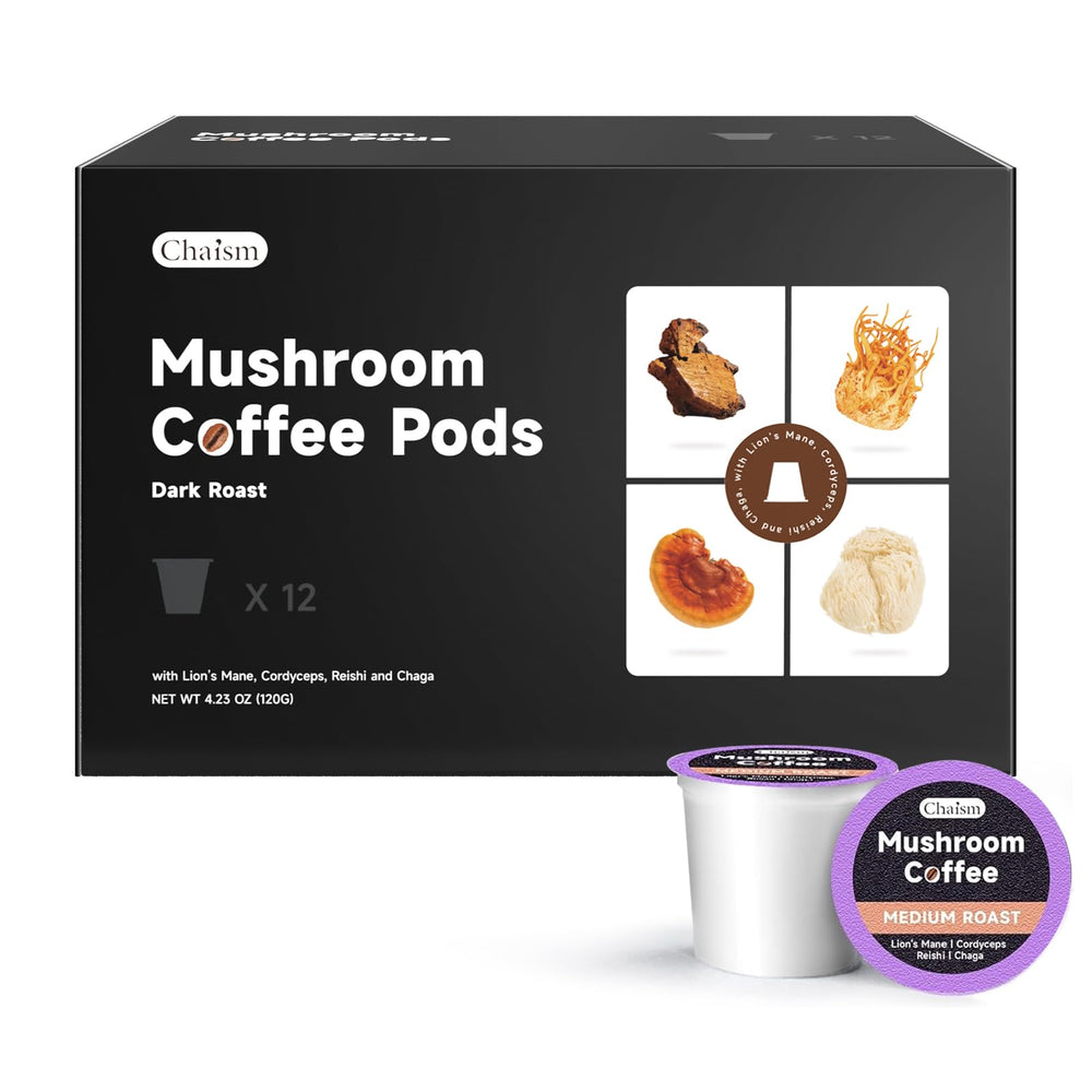 Chaism mushroom coffee pods in dark roast packaging deliver bold, focused energy.