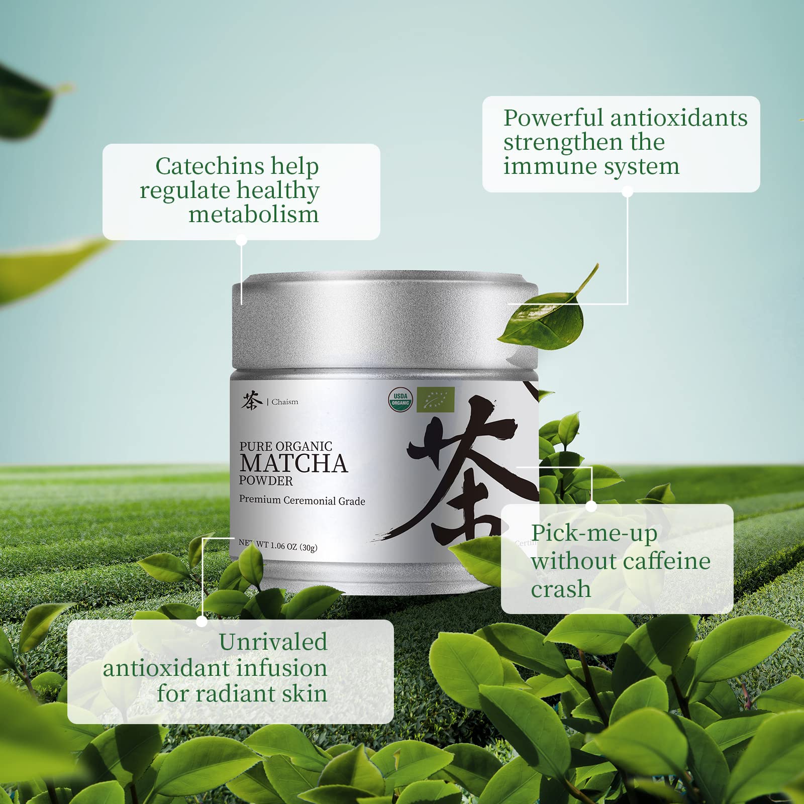 Chaism premium ceremonial powder ready for smooth, mellow flavor.