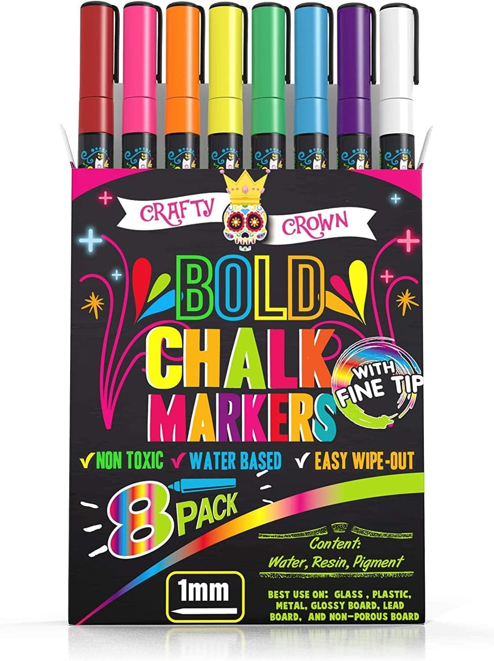 CHALKY CROWN bold chalk markers 8-pack packaging for easy home setup and display