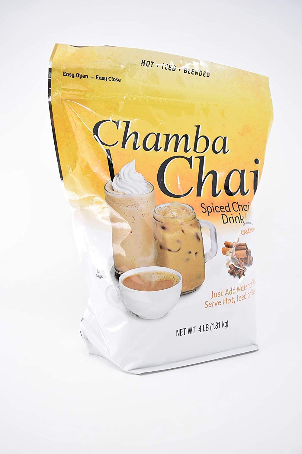 Chamba Chai spiced chai latte mix in a resealable bag for convenient, versatile drinks.