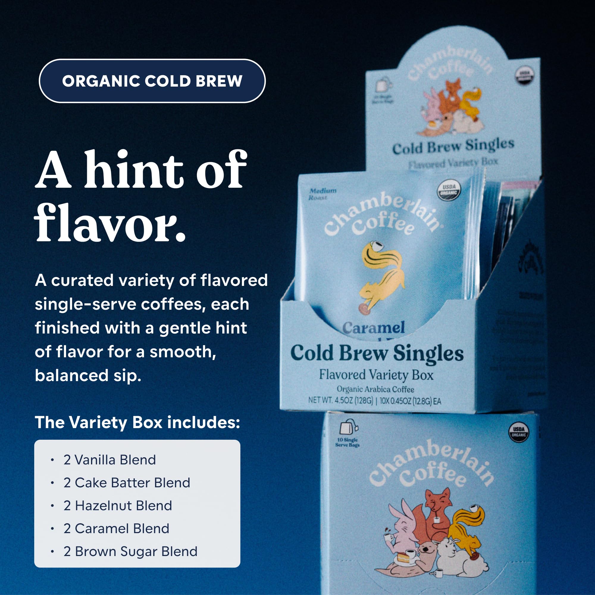 Chamberlain Coffee cake batter blend cold brew single-serve bag with dessert-like notes