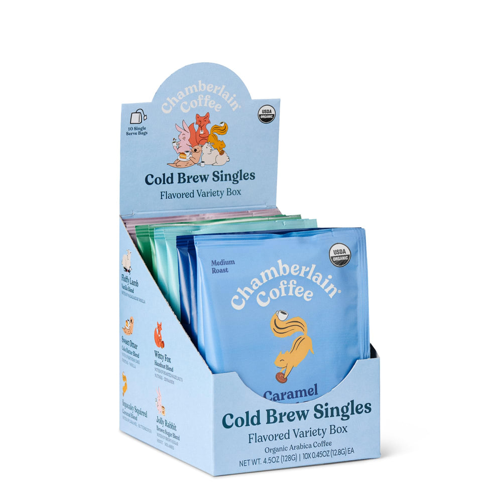Chamberlain Coffee flavored cold brew variety box showing ten single-serve packets for tasting