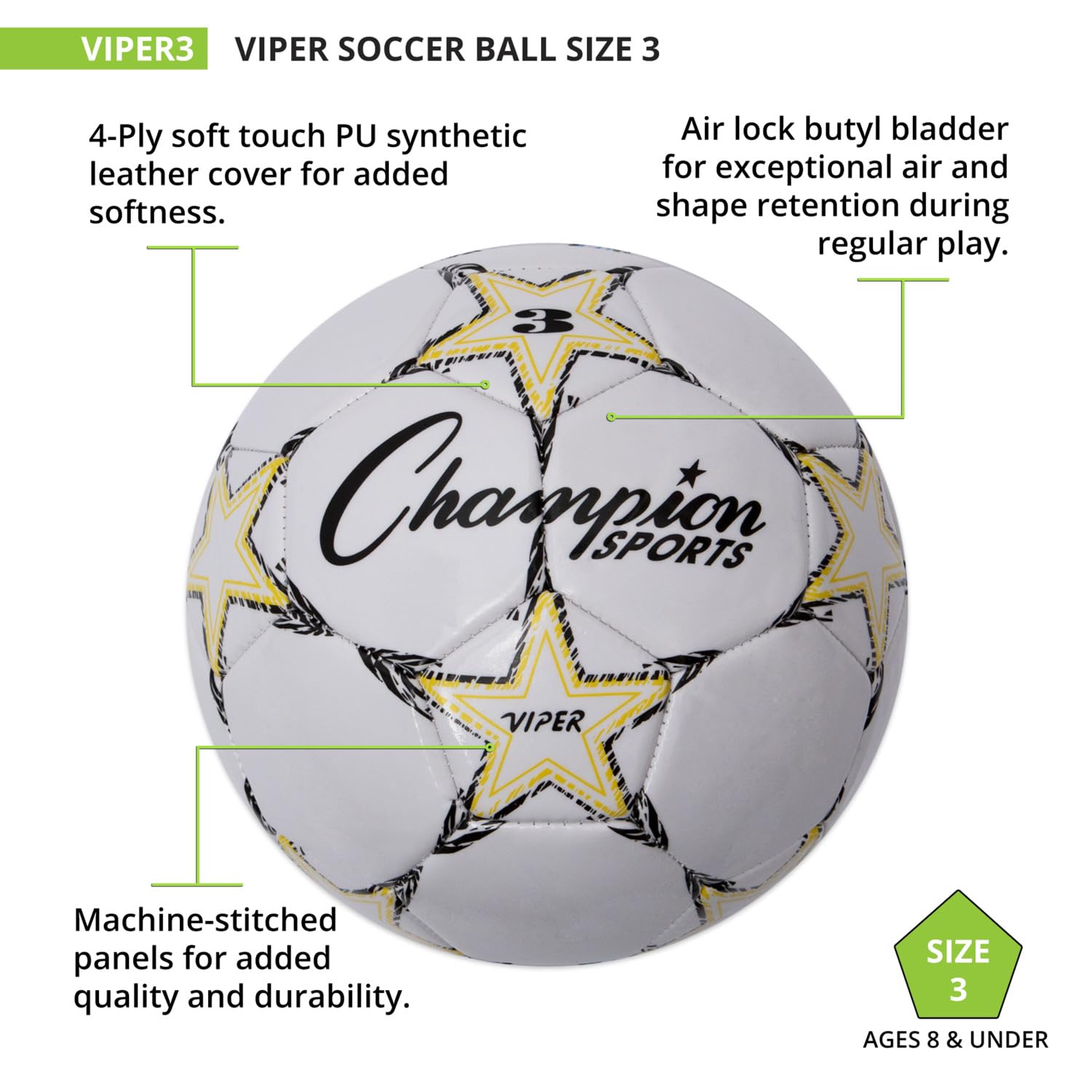 Yellow, black and white Viper Size 3 increases visibility during play.