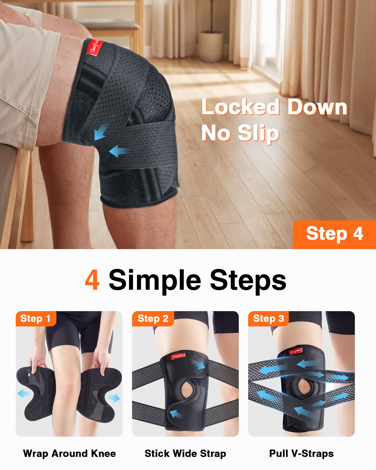 Changenow universal knee brace fits left or right knee in four sizes.