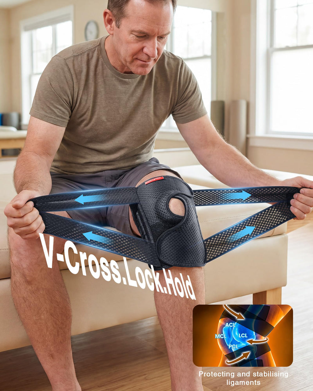Changenow knee brace featuring V-straps and dynamic lock for secure fit.
