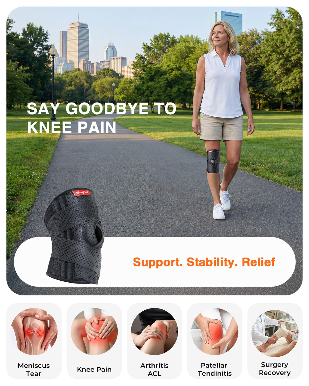 Changenow knee brace venting panel enhances airflow for all-day wear.