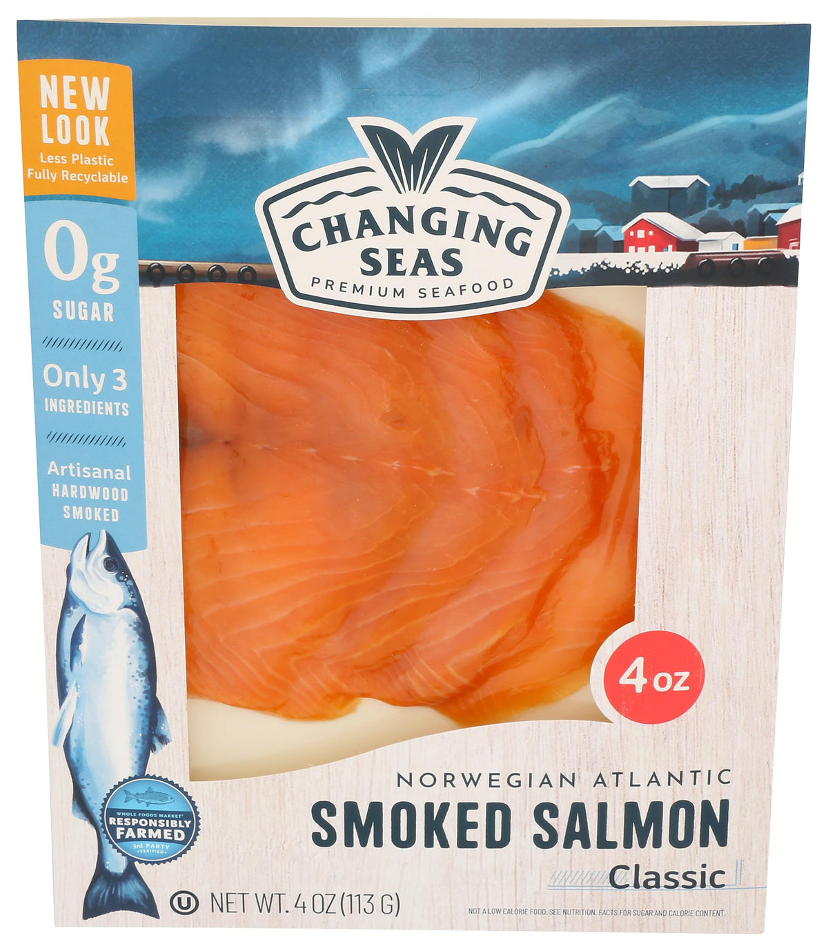 Changing Seas cold smoked salmon 4oz pack on display, ready for quick savory meals.