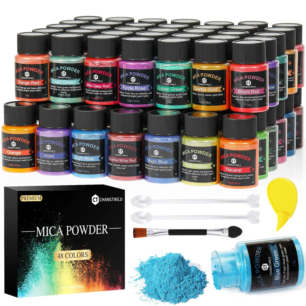 CHANGTIKEJI mica powder bottle shows 48 vibrant colors for resin crafts and glitter finishes.