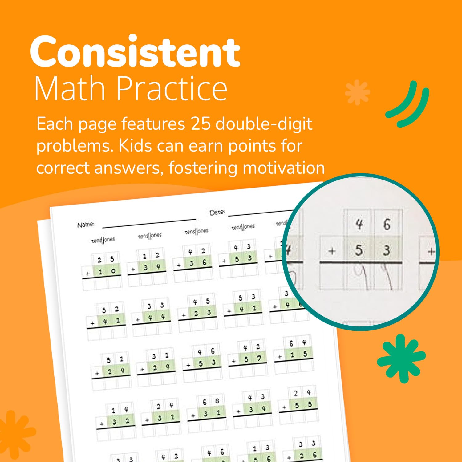 Channie's 25 double-digit problems per page reinforce accurate calculation.