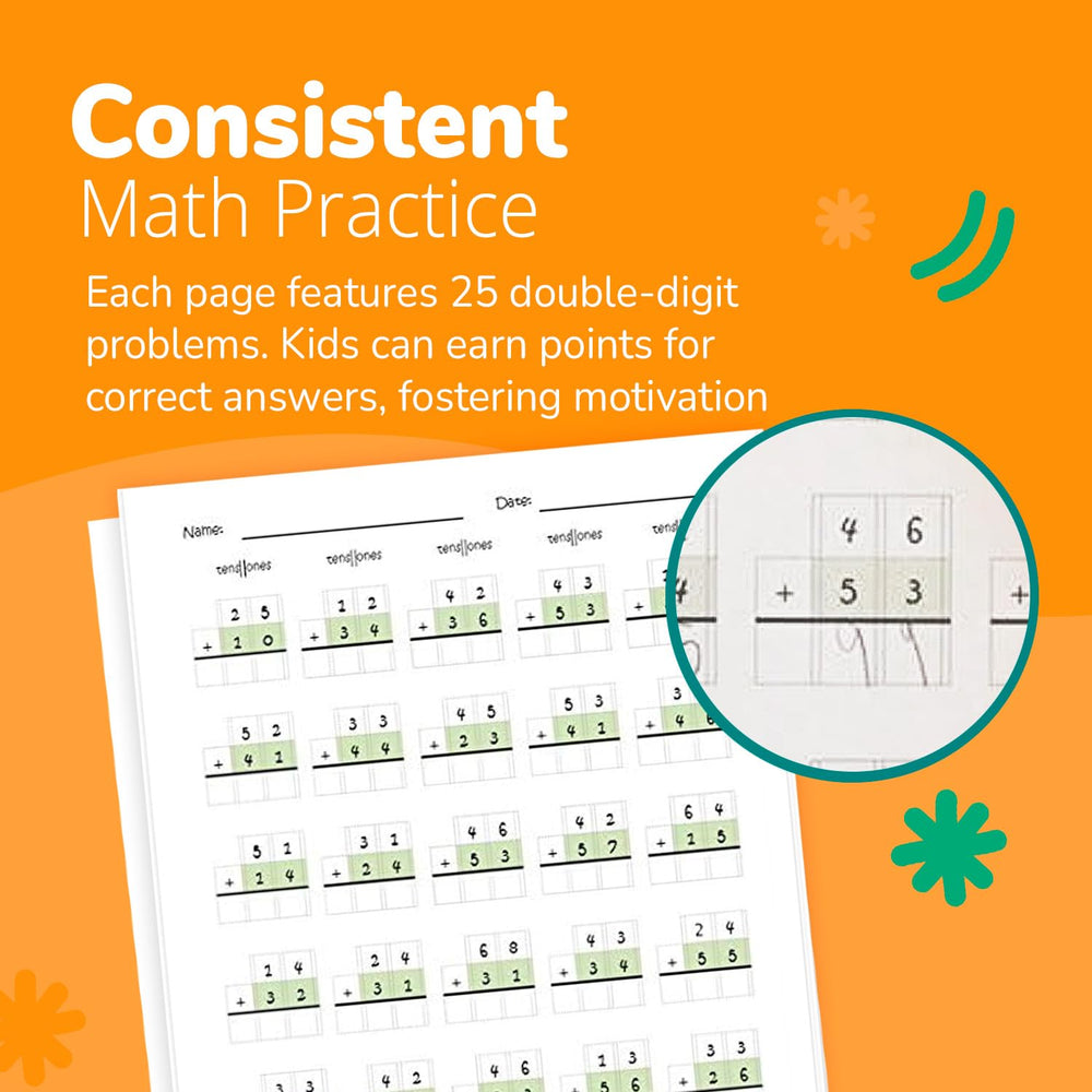 Channie's 25 double-digit problems per page reinforce accurate calculation.