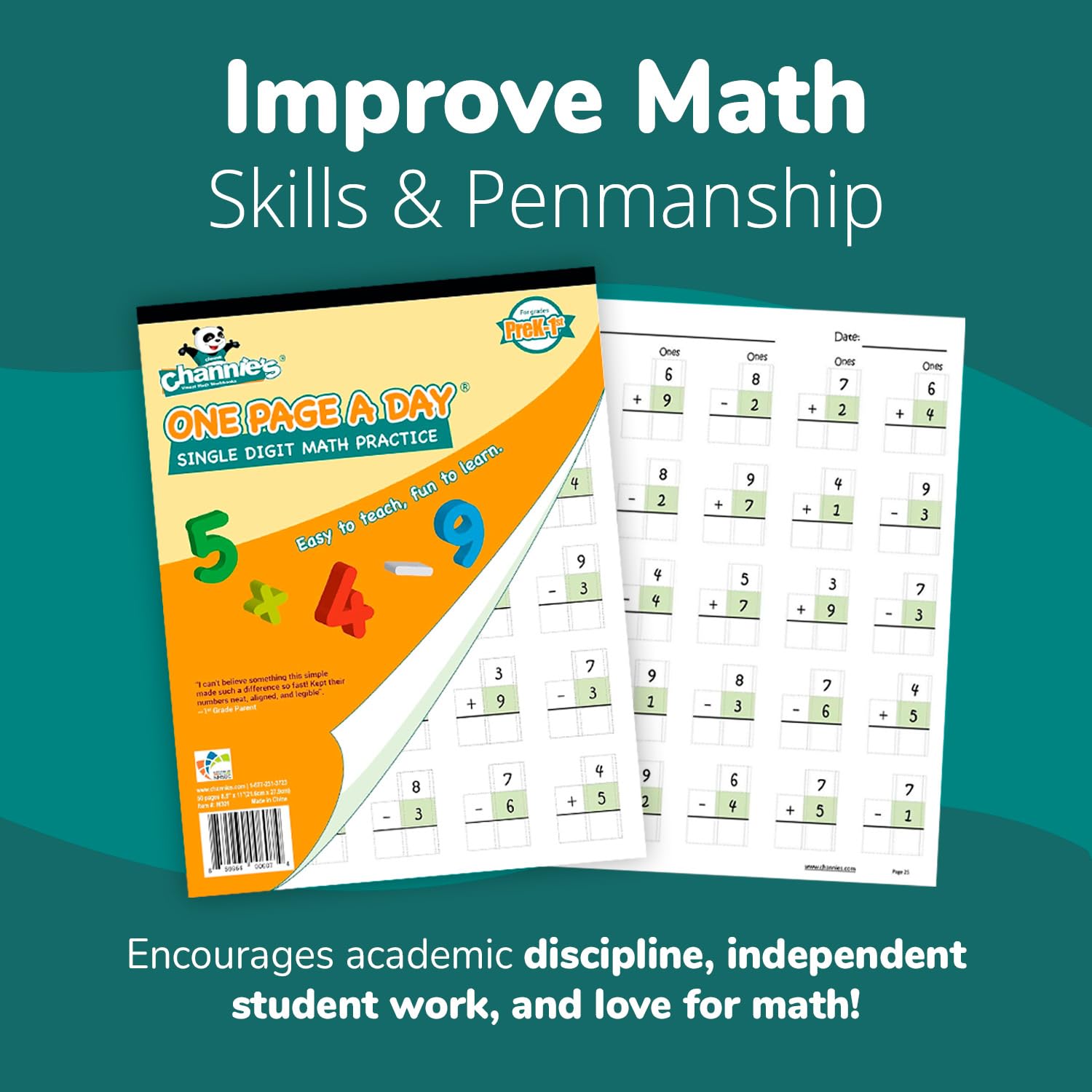 Channie’s daily-practice pages promote consistent math routines and skill growth.