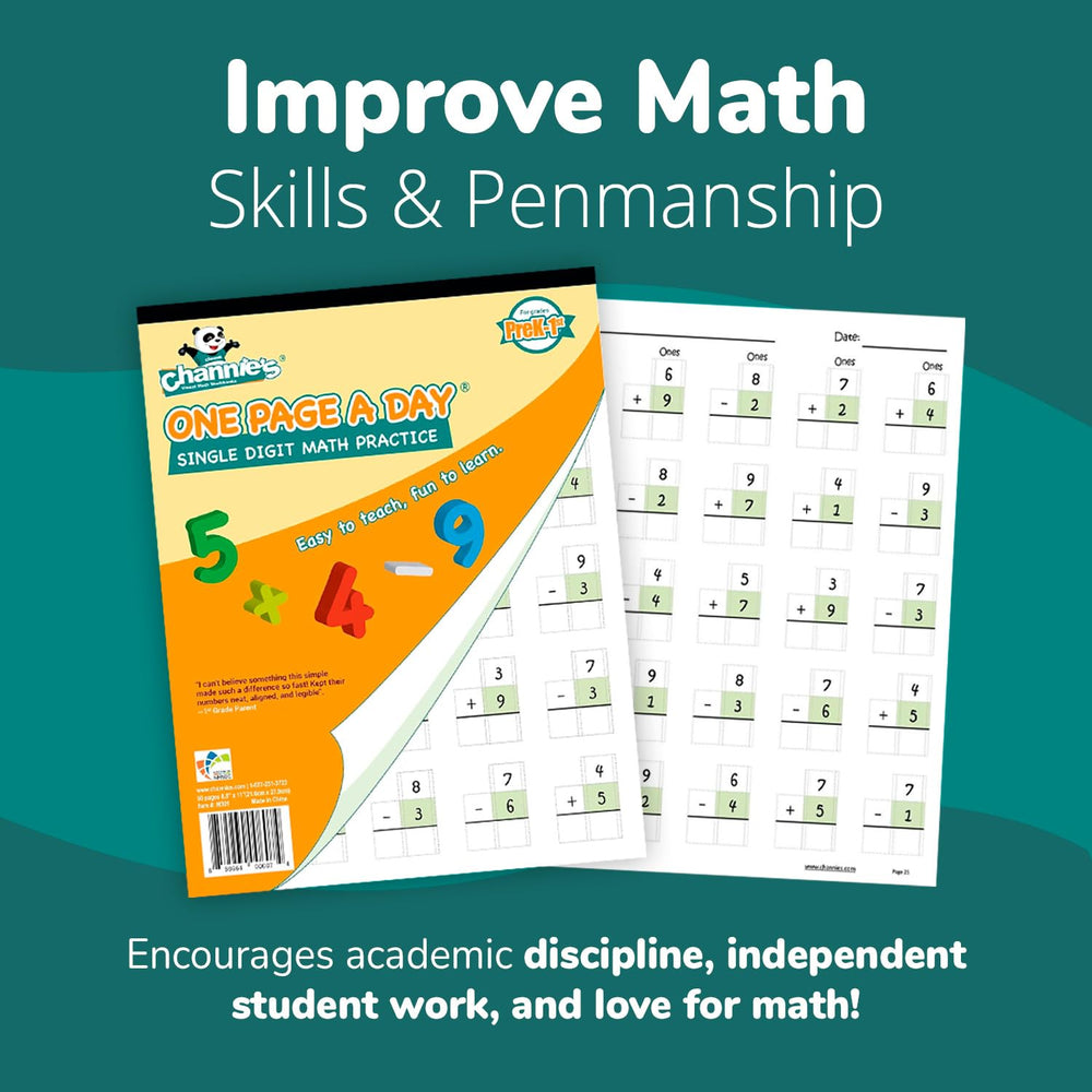 Channie’s daily-practice pages promote consistent math routines and skill growth.