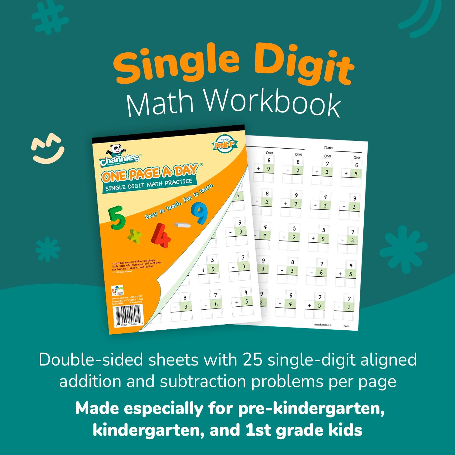 Channie’s single-digit math sheets with visual cues to aid addition and subtraction.