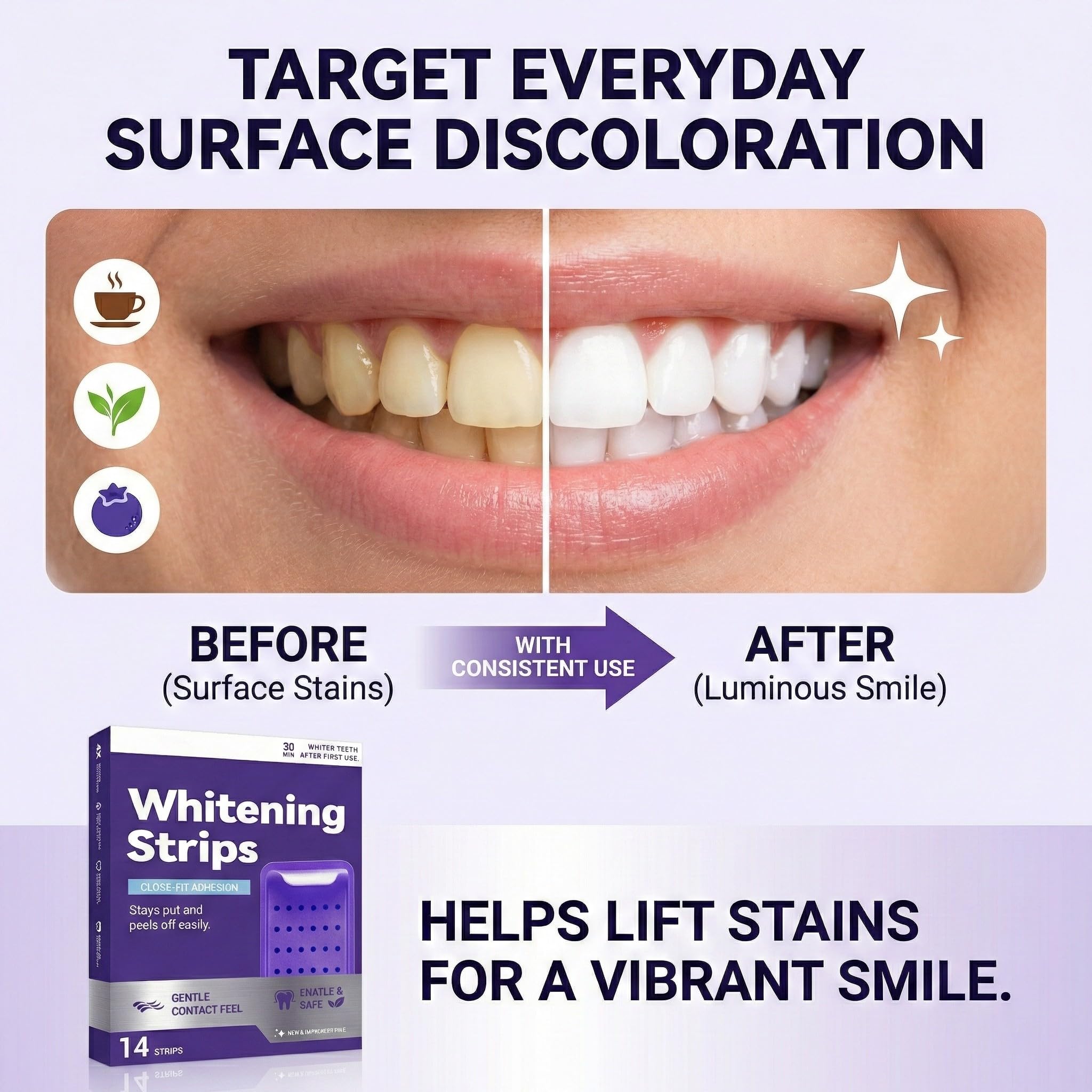 CHAOGKM purple strips on teeth illustrate secure adhesion during use.
