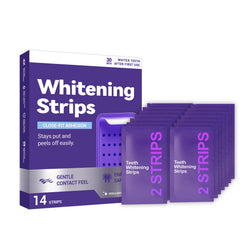 CHAOGKM purple teeth whitening strips packaging highlights travel-ready design.