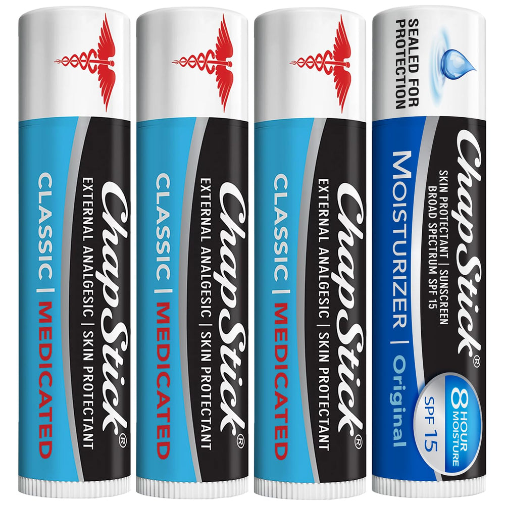 ChapStick Classic Medicated 3-pack packshot showing ready-to-use lip relief