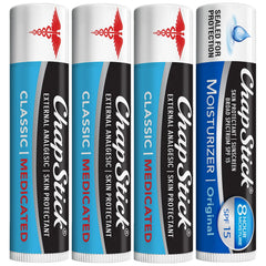ChapStick Classic Medicated 3-pack packshot showing ready-to-use lip relief