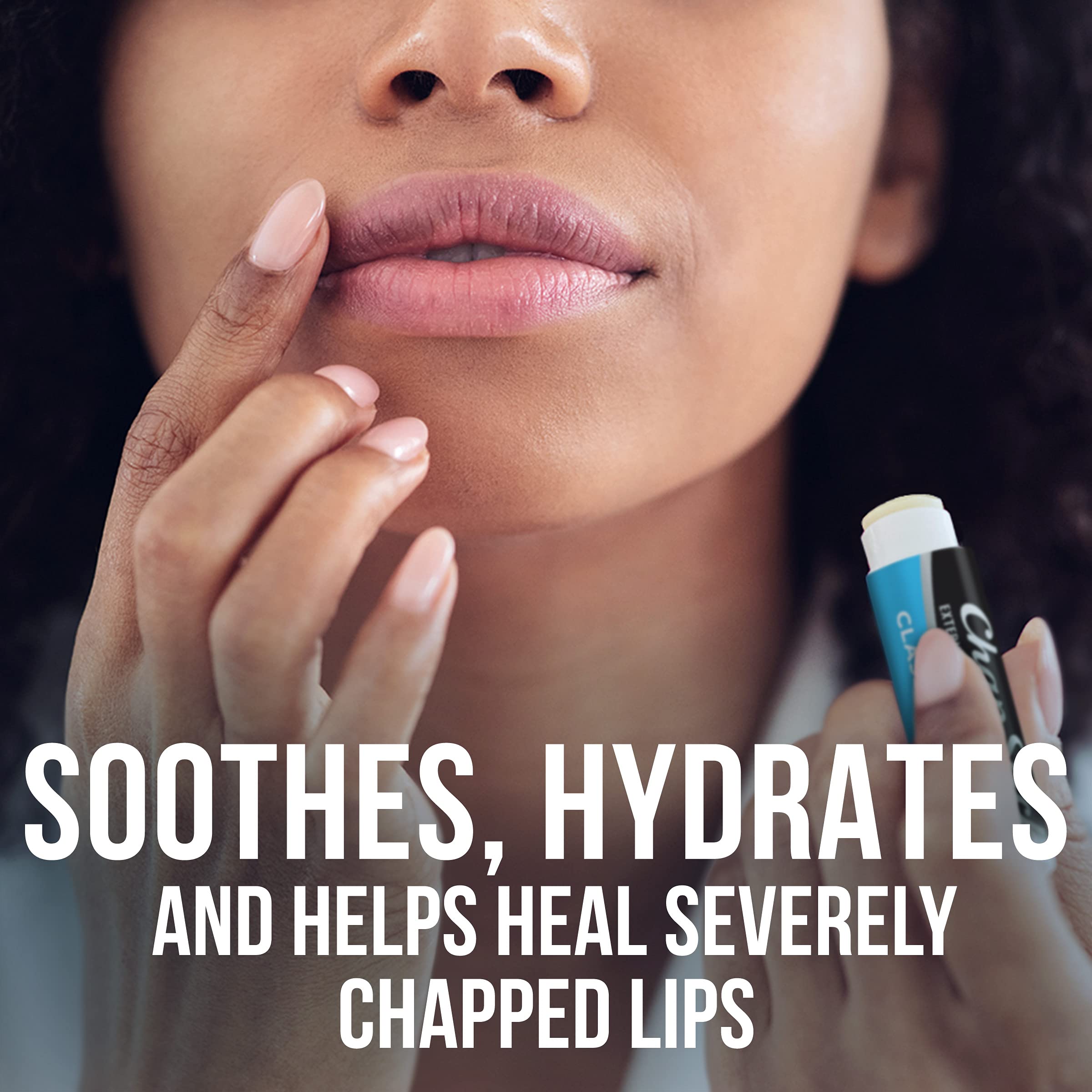 ChapStick Classic Medicated Lip Balm Tube application showing an easy glide for soothing lips.