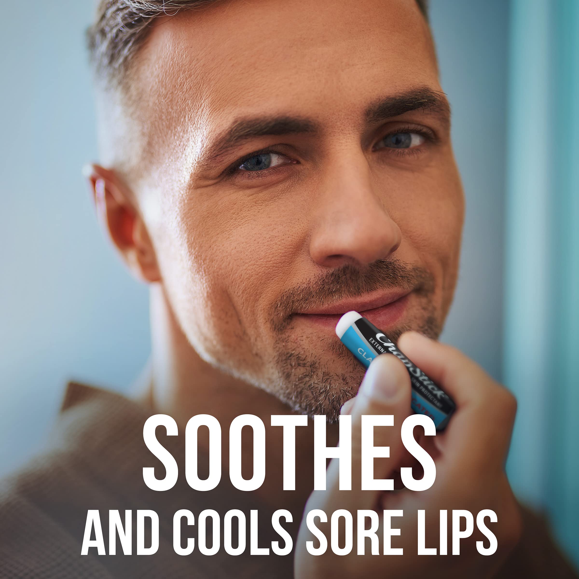 Closeup of ChapStick Classic Medicated Lip Balm Tube, highlighting camphor and menthol cooling sensation.