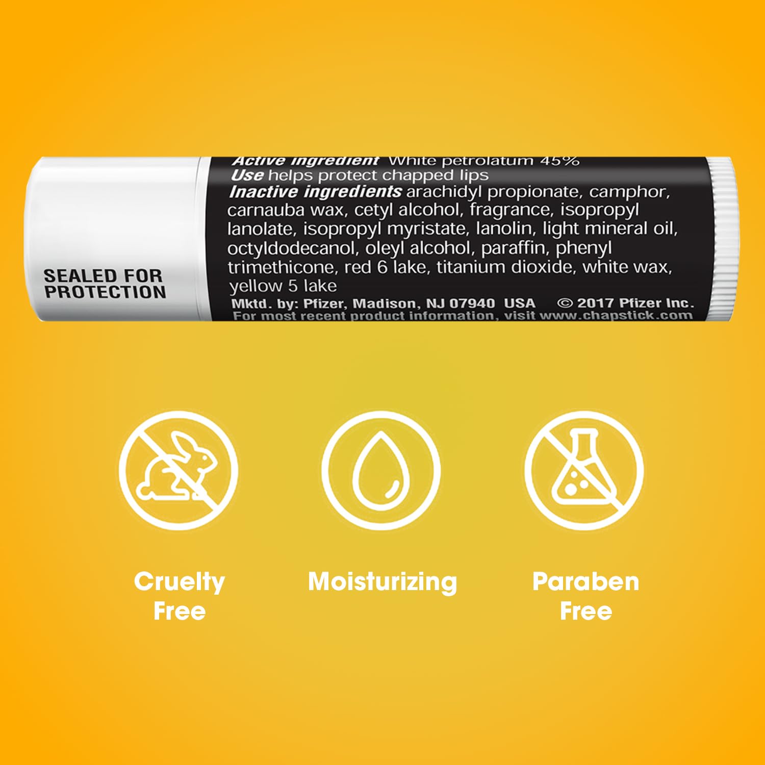ChapStick cruelty-free and paraben-free label for responsible lip care