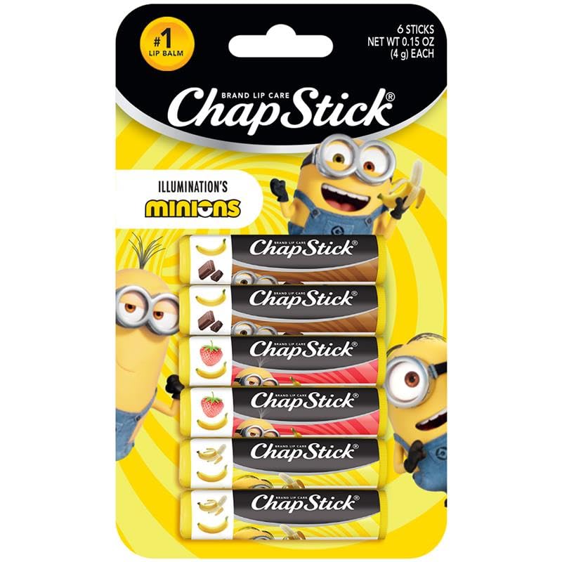 ChapStick Minions banana variety pack packaging with six sticks for on-the-go lip care.