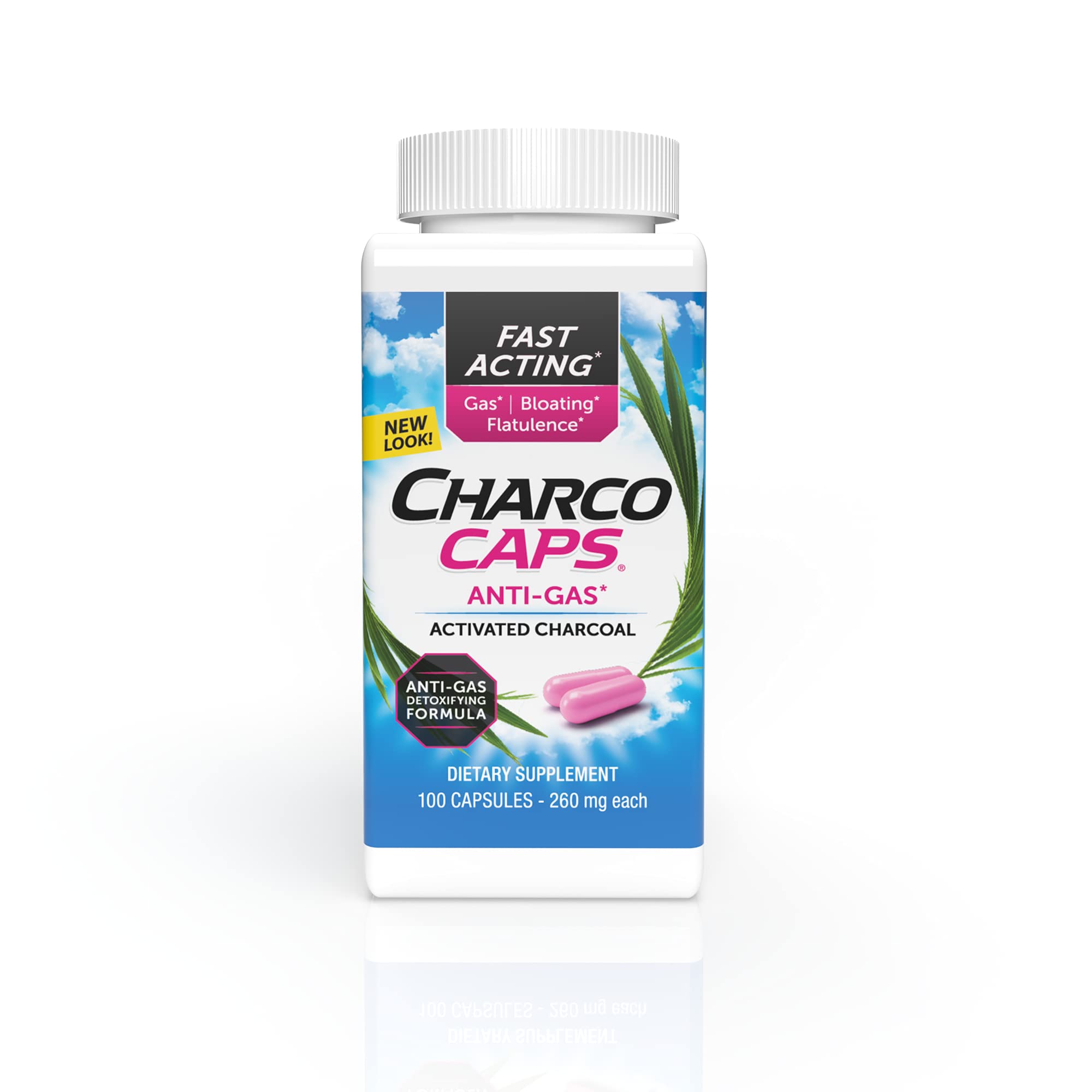 Charcocaps bottle with pink label promoting post-meal gas relief.