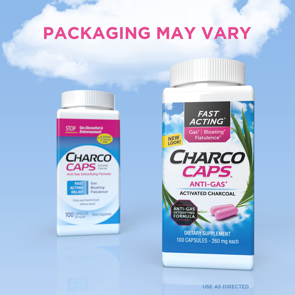 Charcocaps capsules close-up showing easy-to-swallow charcoal tablets for comfort.