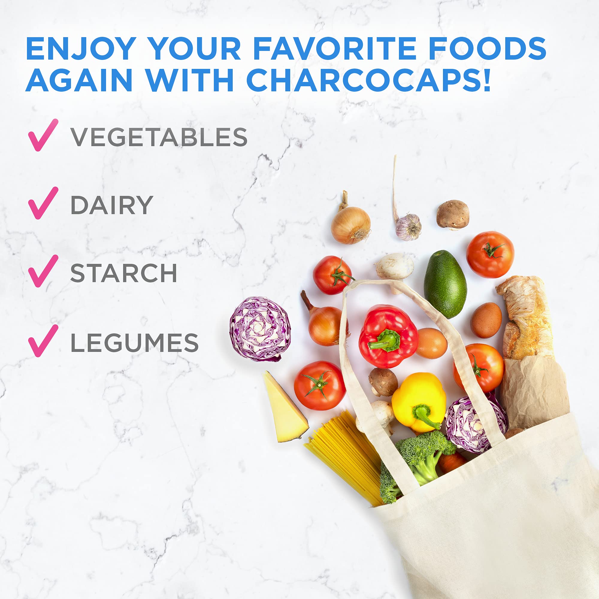 Charcocaps capsules close-up demonstrates a drug-free, digestive-friendly option.