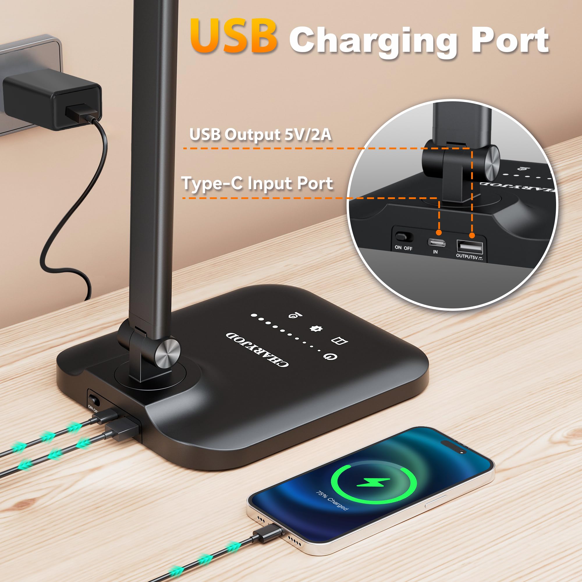 CHARYJOD LED Desk Lamp shows a dual-head design for broader workspace illumination.